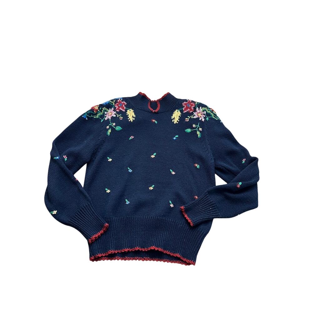 Vintage Herman Geist Sweater Hand Floral Embroidered Wool Navy Blue Size Large